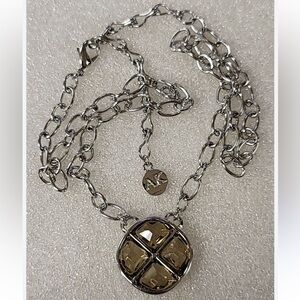 Anne Klein Amber Glass Pendant Necklace On 18" Silvertone Chain Signed AK